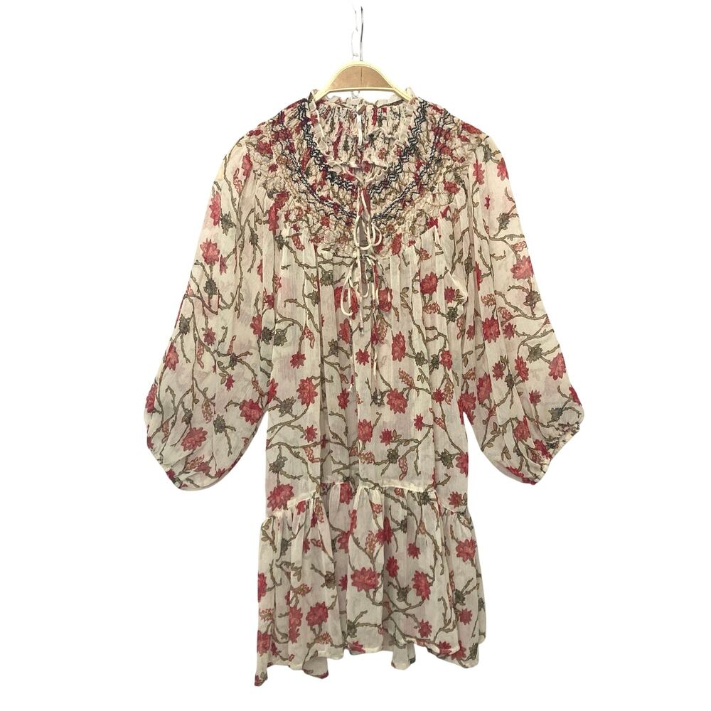 Free People Keeping Up with Kara Ivory Floral Long Sleeve Tunic Dress Top Small